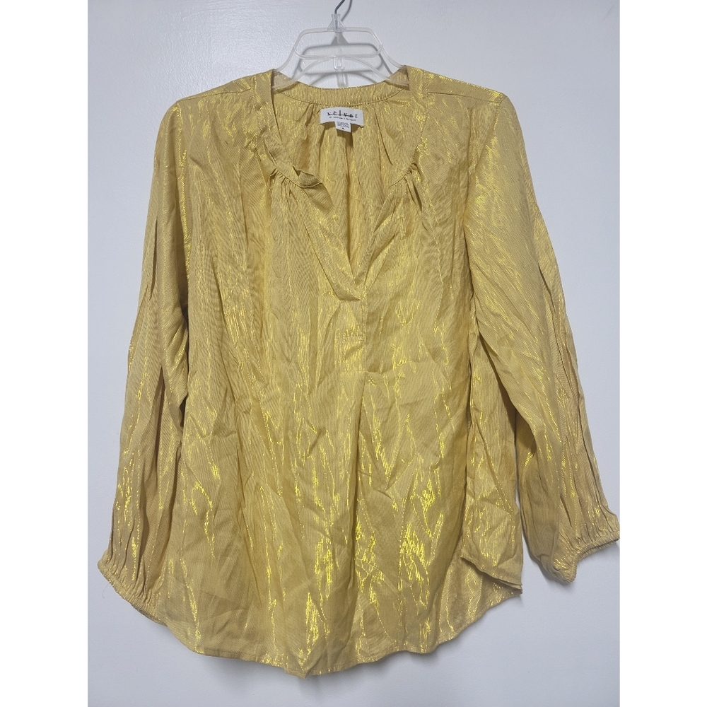 Anthropologie Shimmery Yellow V-Neck Long Sleeve Blouse